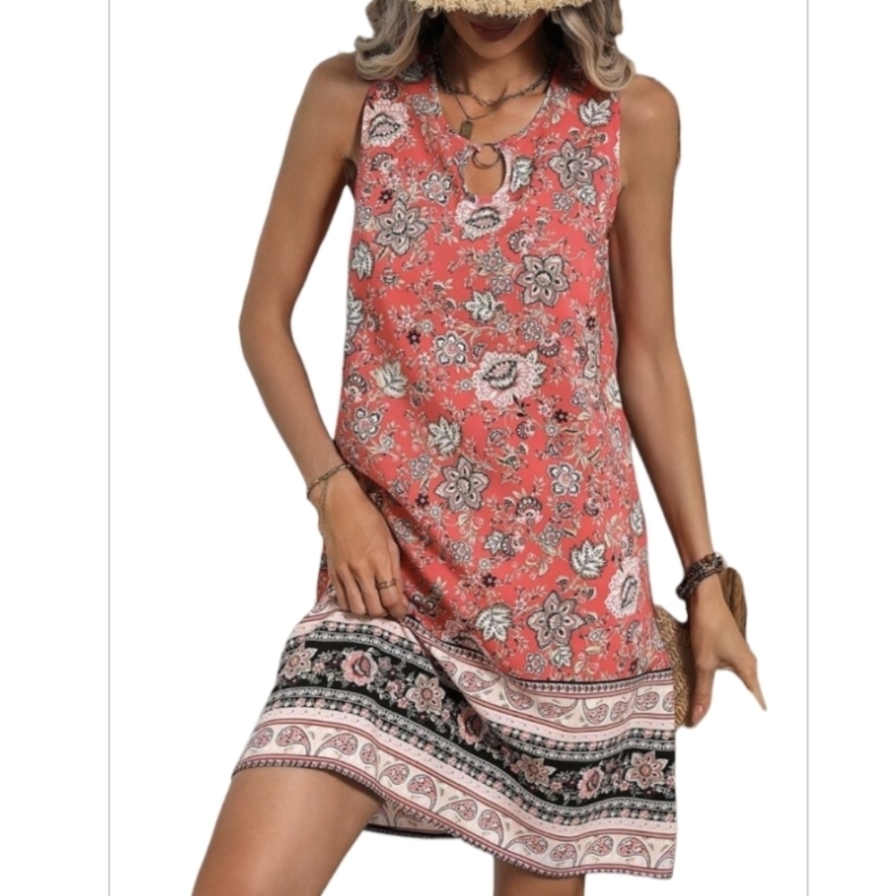 New Boutique Full Floral Printed Keyhole Collar Sleeveless Dress L